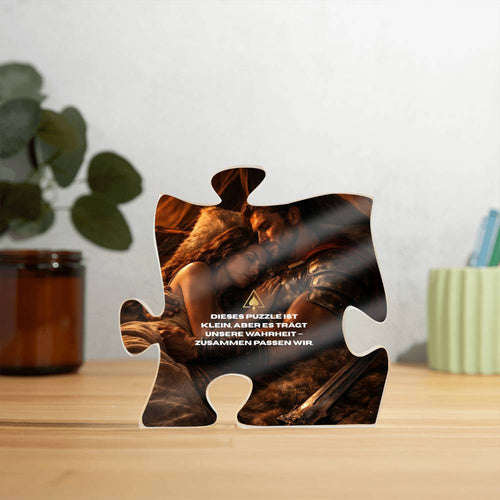 Spartan-themed acrylic puzzle plaque on entrance table with emotional couple artwork, candle light, and man arriving home, symbolizing love, connection, and meaningful gifting for couples.